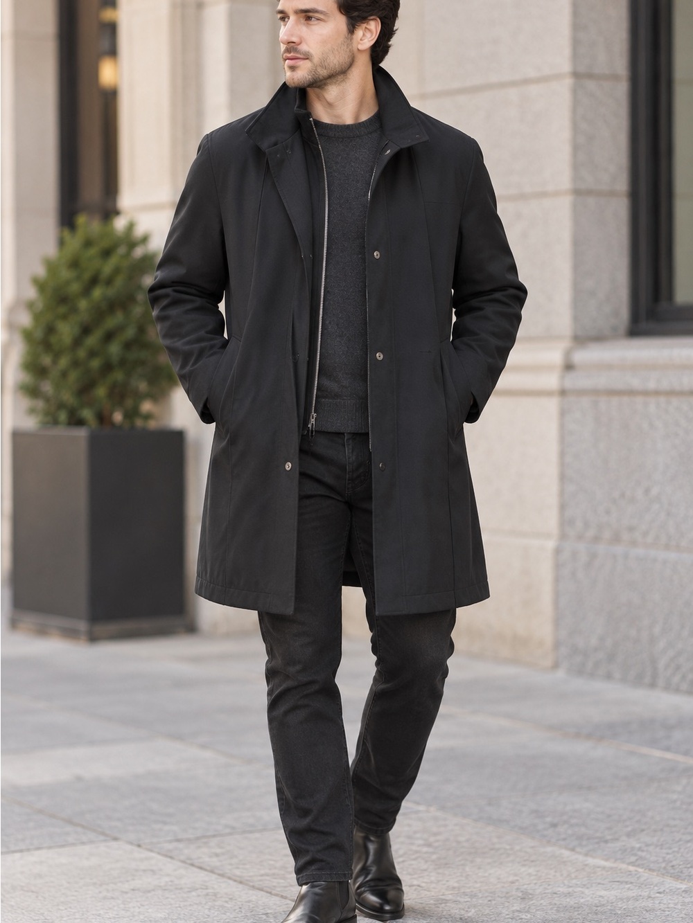 Calvin Klein Double Breasted Men's Black Wool Blend Overcoat with Zip-In Layer